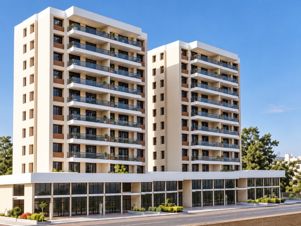 Beige residential tower with curved balconies and vertical garden, Lebanon