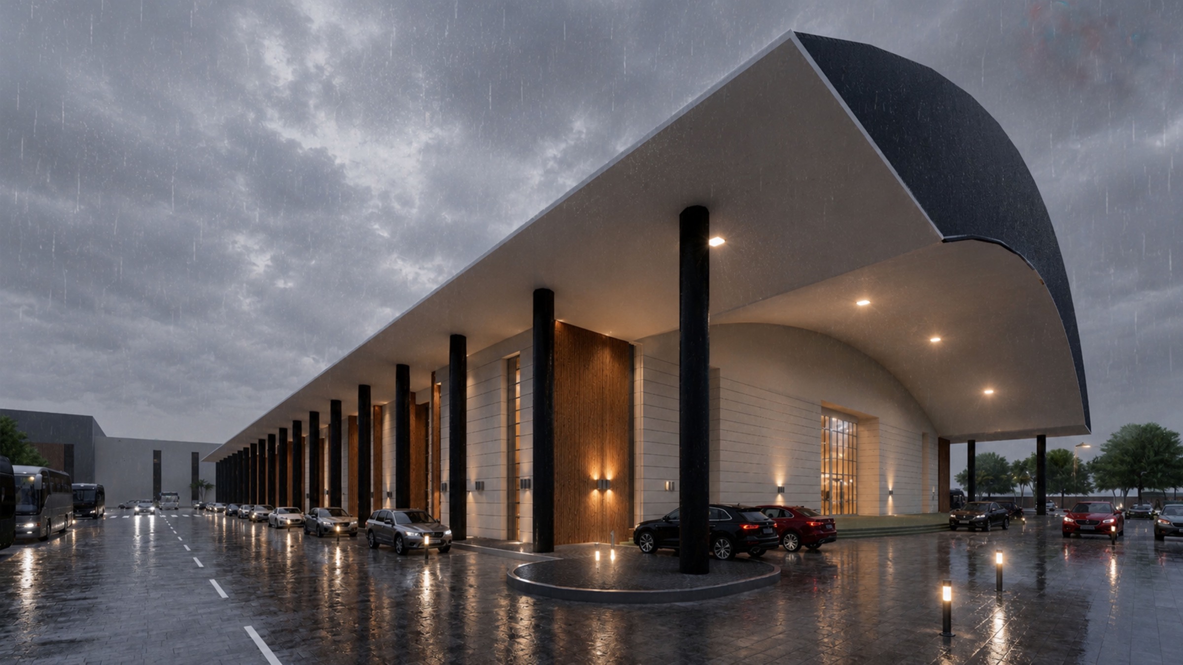 Modern real estate building at dusk